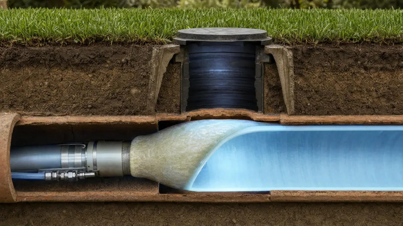 Prodigy Sewer and Drain repairing a damaged pipe underground using a blue liner, showing easy access for maintenance.