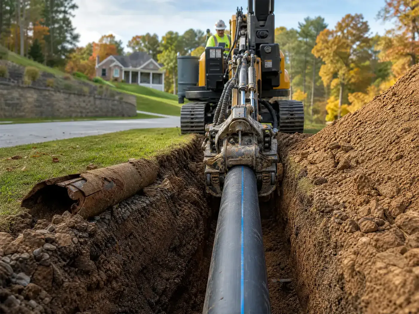 Prodigy Sewer and Drain worker uses equipment to install a new pipe near homes, showing safe and skilled pipeline service.