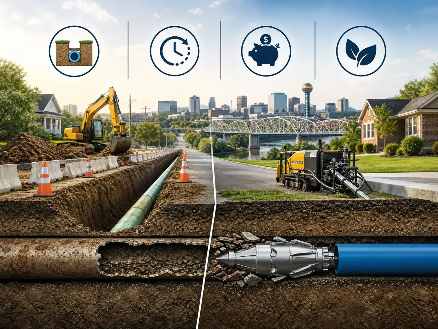 Prodigy Sewer and Drain compares old pipe repair to trenchless methods, showing benefits like saving time, money, and nature.