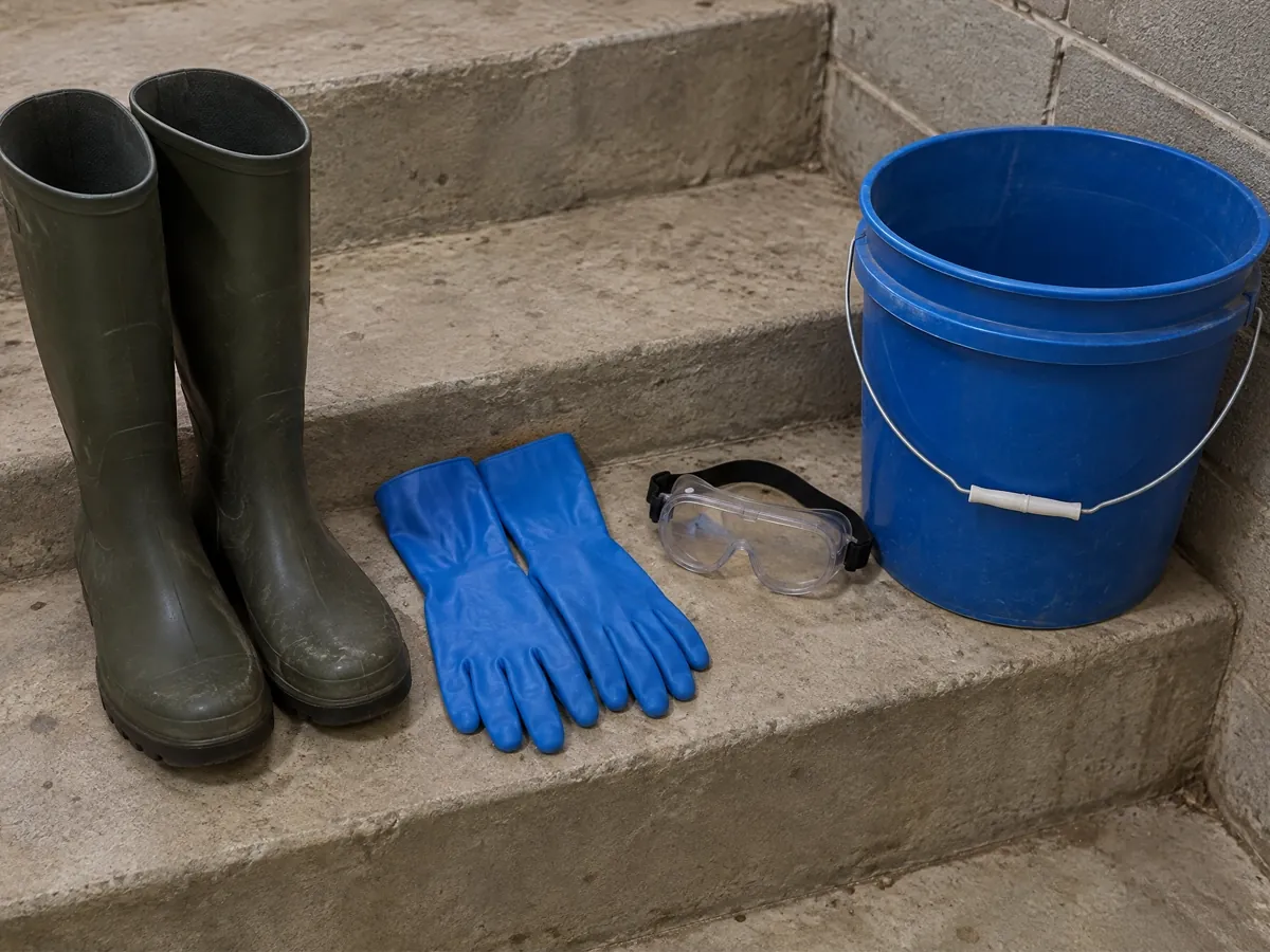 Rubber boots, blue rubber gloves, clear safety goggles, and a bucket laid out on concrete basement steps before a sewage cleanup.