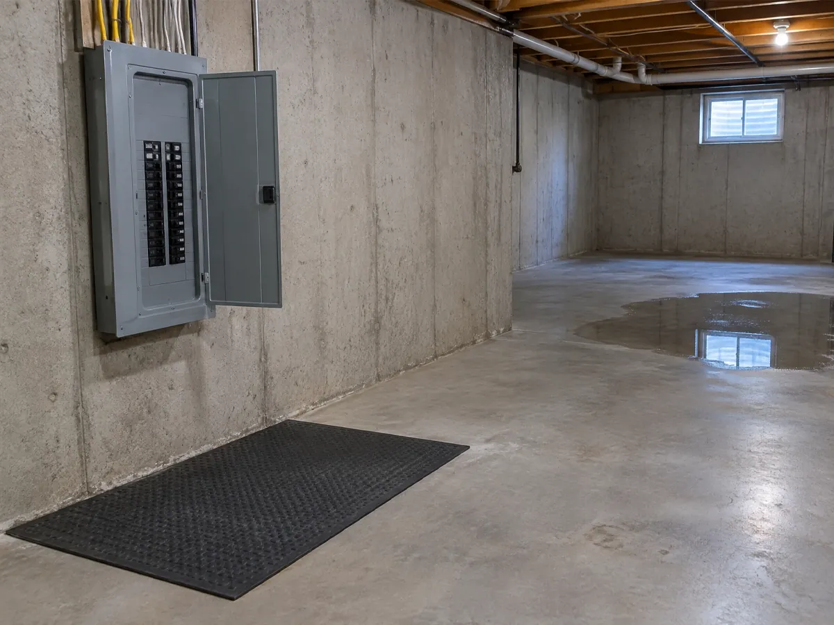 An open electrical panel on a dry basement wall above a rubber mat, with standing water pooled on the floor several feet away.