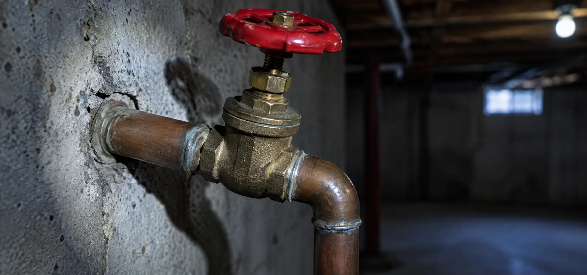 A main water shutoff valve with a red handwheel on a copper line entering a basement wall, with the dim basement behind it.