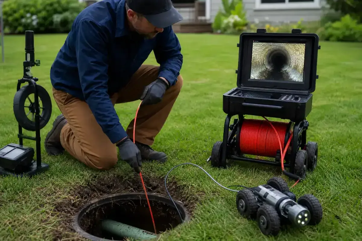 A Prodigy Sewer and Drain worker inspects an underground pipe using a camera to check for problems.