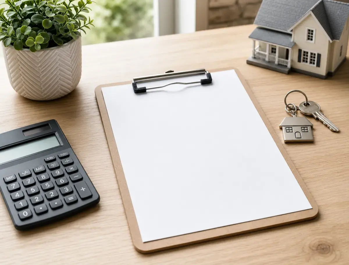 A blank clipboard on a desk beside a calculator, house keys and a model house, representing the written cost estimate a homeowner receives for a septic inspection.