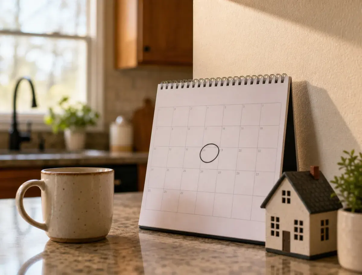 A desk calendar with a single date circled, next to a coffee mug and a model house, representing the one-to-three-year schedule for routine septic inspections.