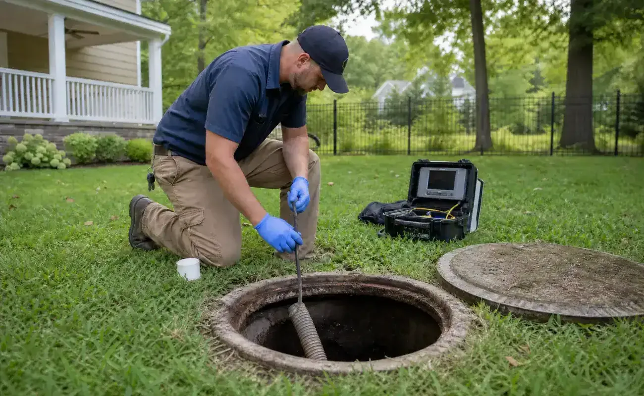 Prodigy Sewer and Drain worker checks a sewer system in a yard, making sure everything works as it should.