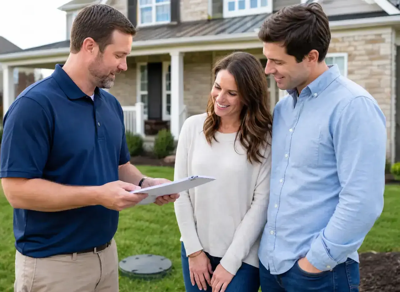A Prodigy Sewer and Drain worker reviews paperwork with a couple, showing helpful service during a home inspection.