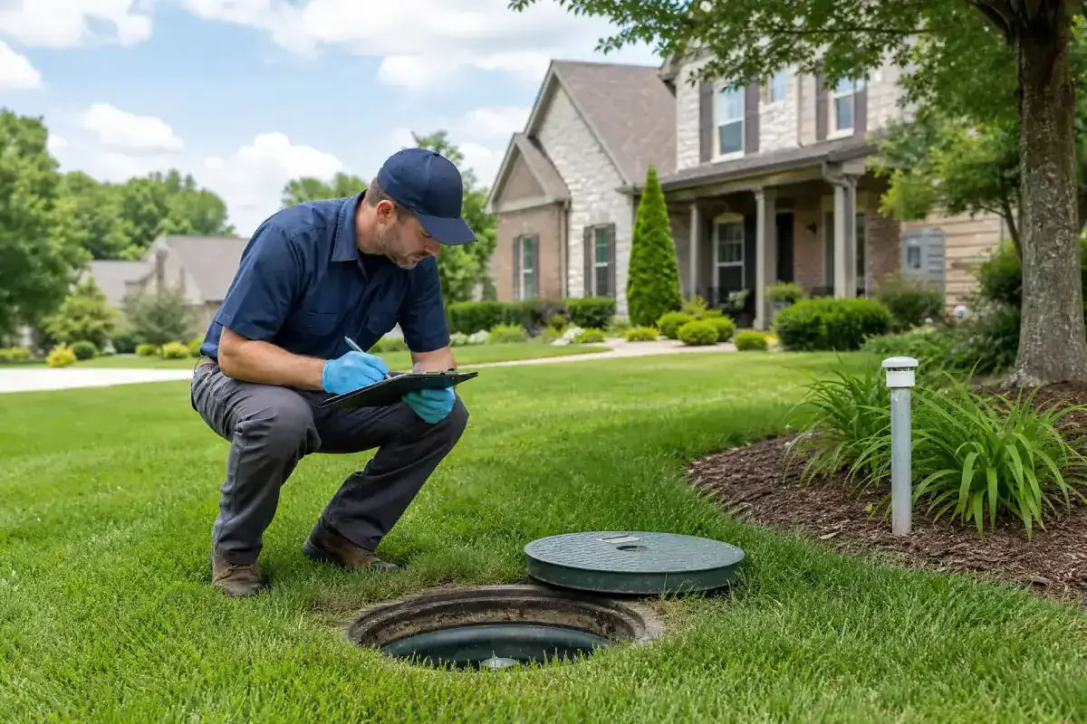 A Prodigy Sewer and Drain worker checks a home's septic tank and records the findings on a tablet.