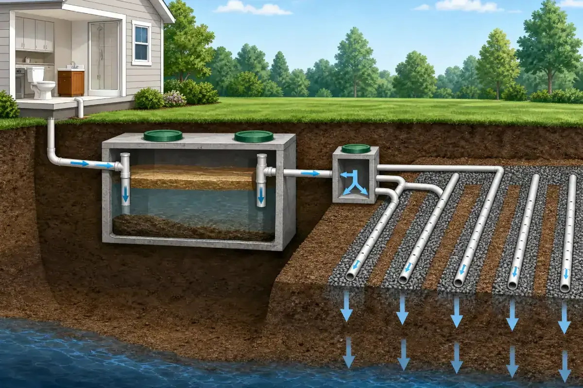 Prodigy Sewer and Drain shows how a home's wastewater moves from the toilet, through the septic tank, into the drain field.