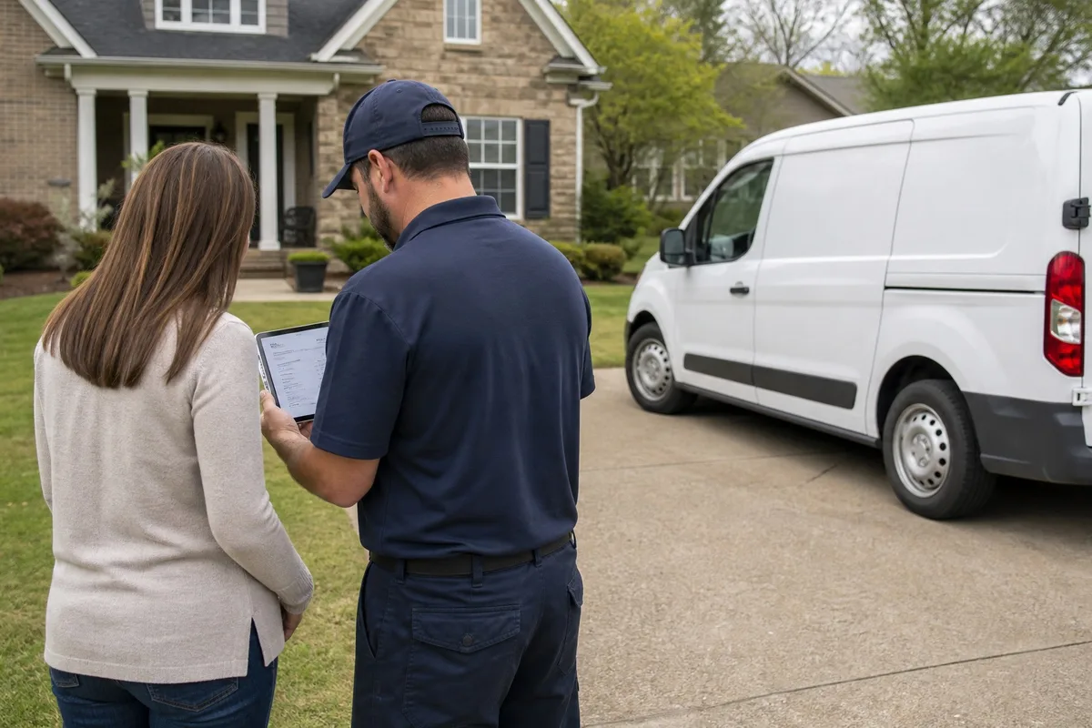 A septic repair technician reviews the estimate with a homeowner in the driveway, with the service van parked nearby.