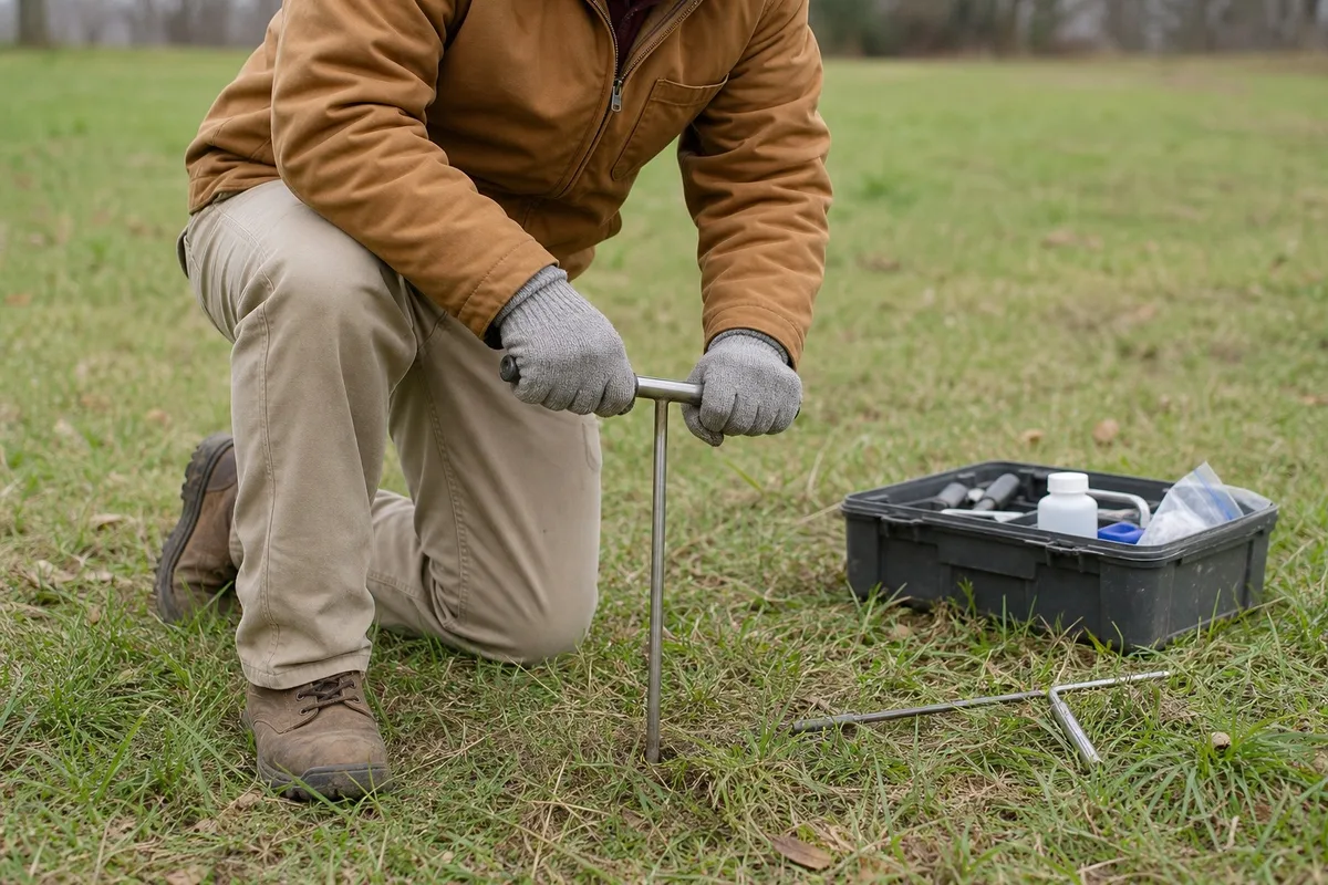 A technician performs a percolation test, inserting a soil probe into the ground with testing equipment nearby.