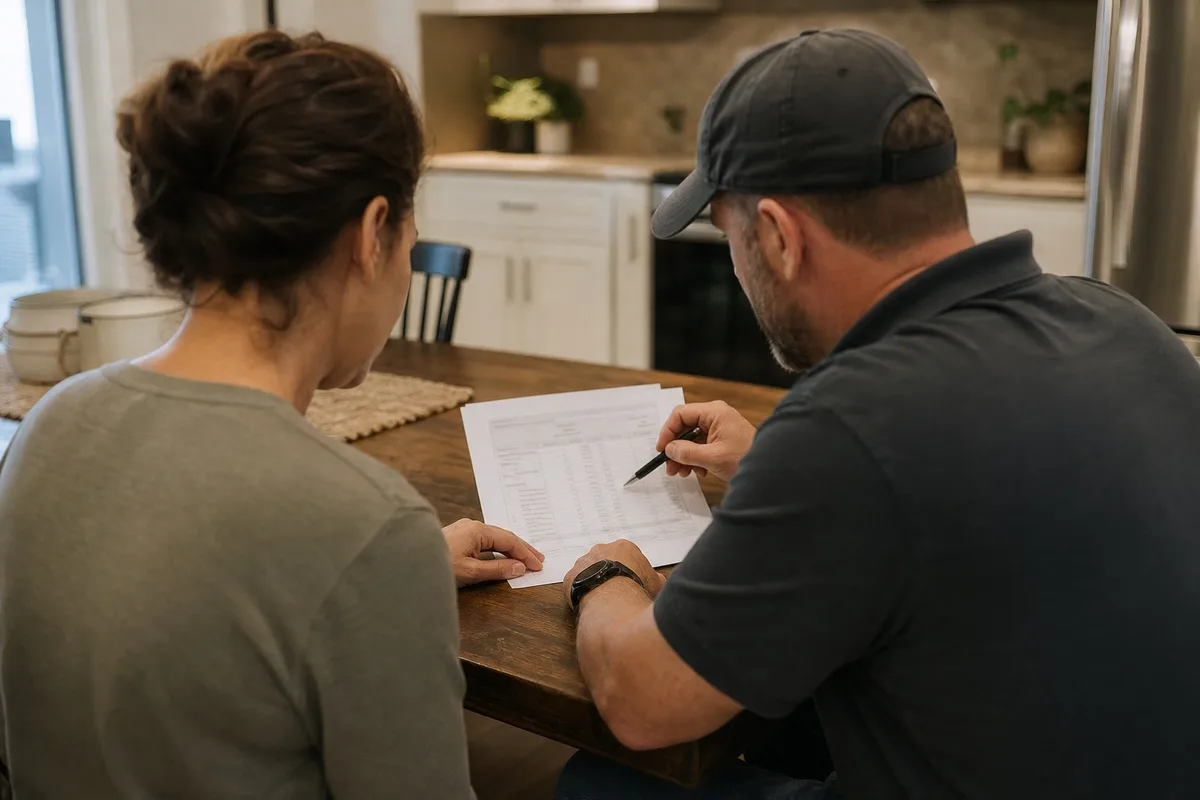 A homeowner and a Prodigy Sewer and Drain technician review an itemized septic installation estimate at the kitchen table.