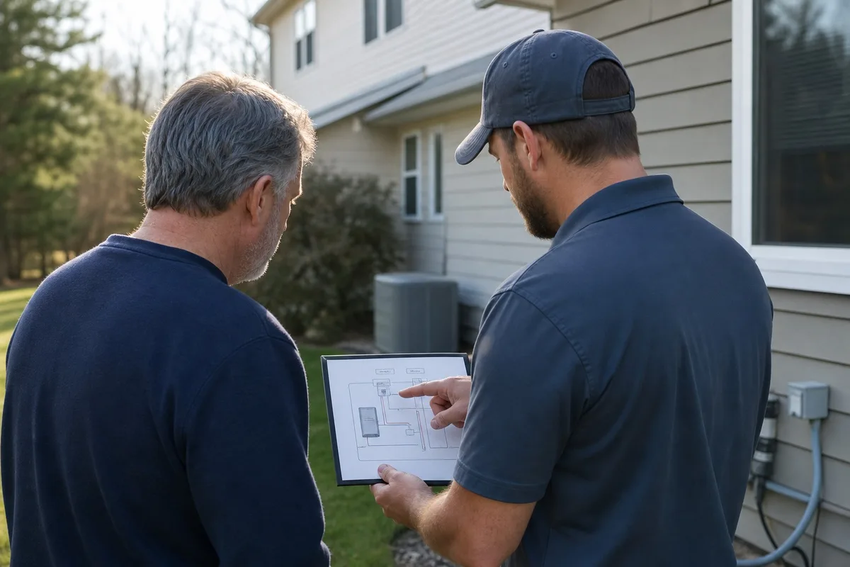 A Prodigy Sewer and Drain technician reviews a septic and sewer system diagram with a homeowner outside a house.