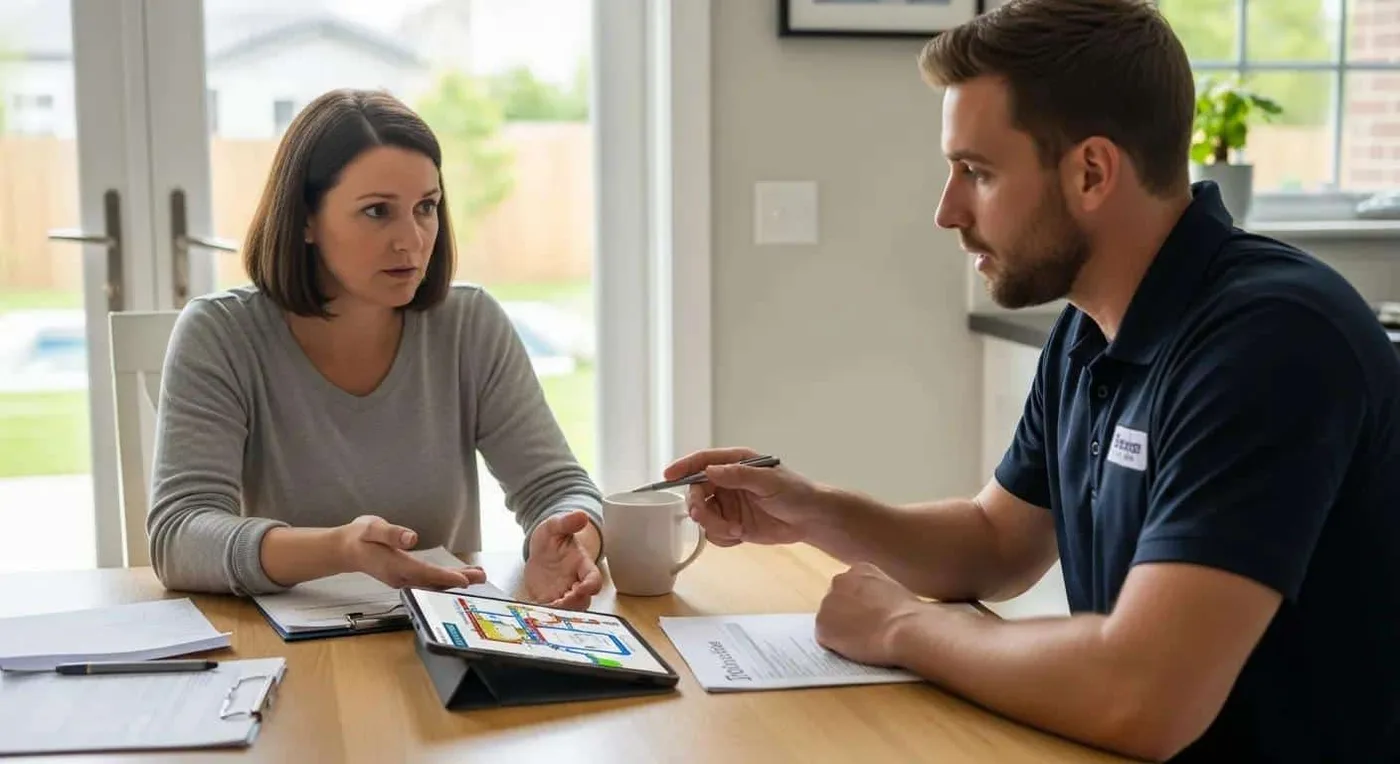 Two people have a clear conversation about plans for Prodigy Sewer and Drain, working together at a table.