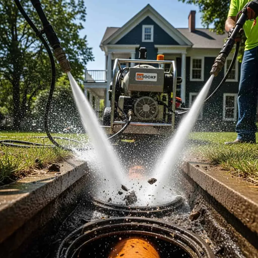 Prodigy Sewer and Drain uses strong water jets to clear a clogged outdoor pipe while a worker helps on the lawn.
