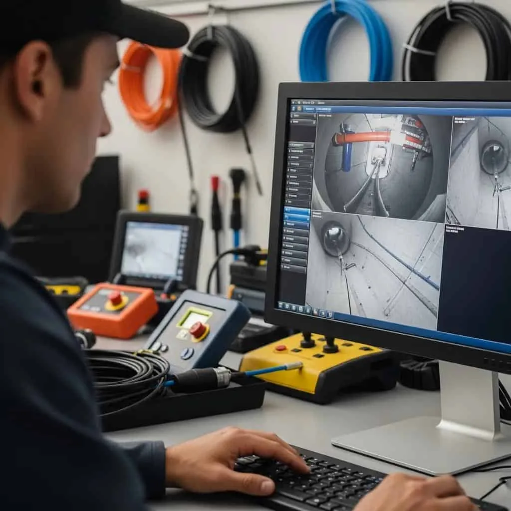 A Prodigy Sewer and Drain worker watches security cameras on a computer to help keep the work area safe and running smoothly.
