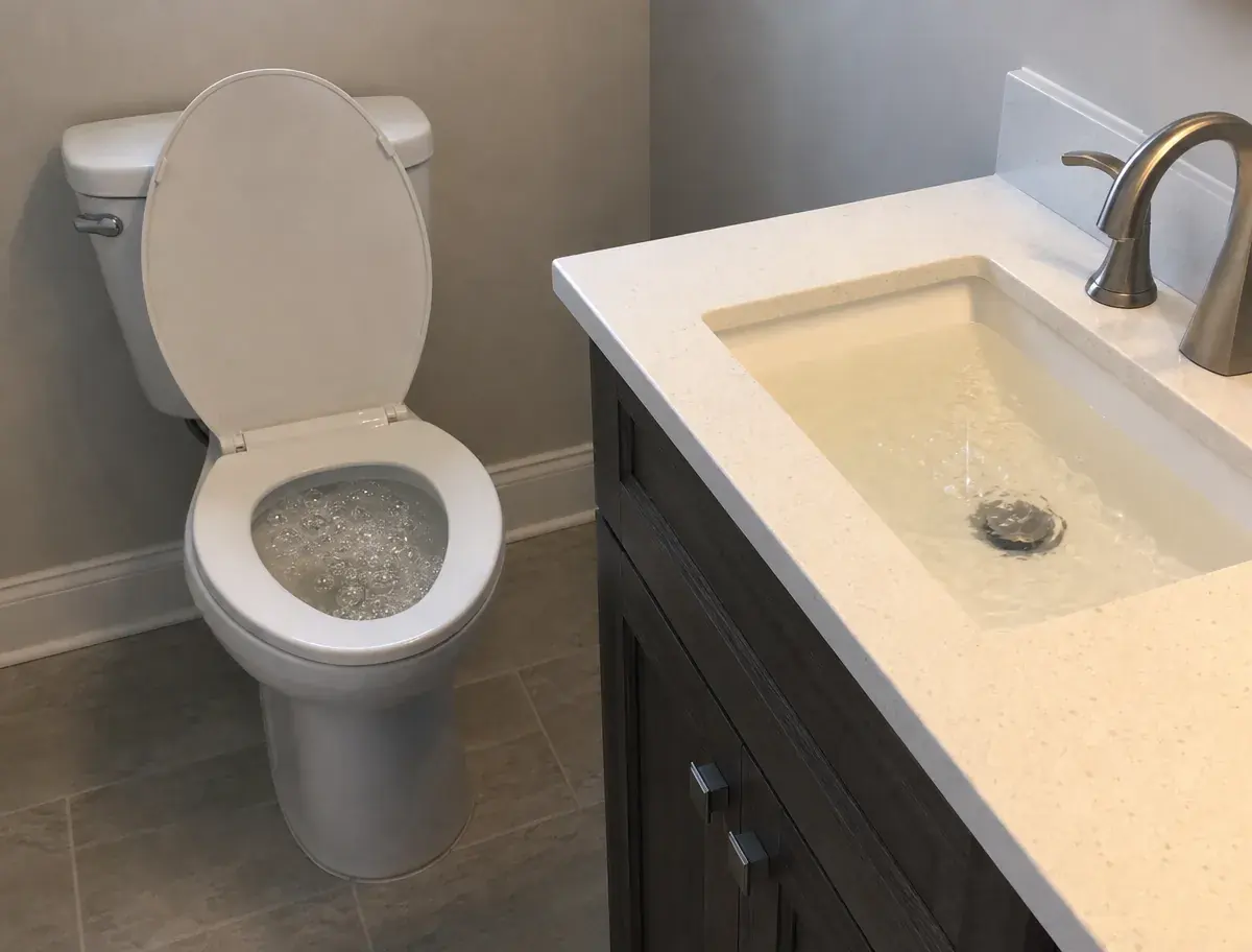 Water bubbling up inside a toilet bowl while the bathroom sink beside it drains, the gurgling symptom that signals a blocked sewer line.
