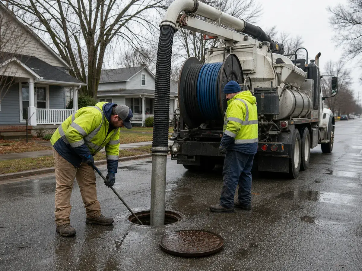 Two municipal crew members in high-visibility jackets working an open manhole in a residential street beside a sewer vacuum truck, the public-main work Metro Water Services handles.