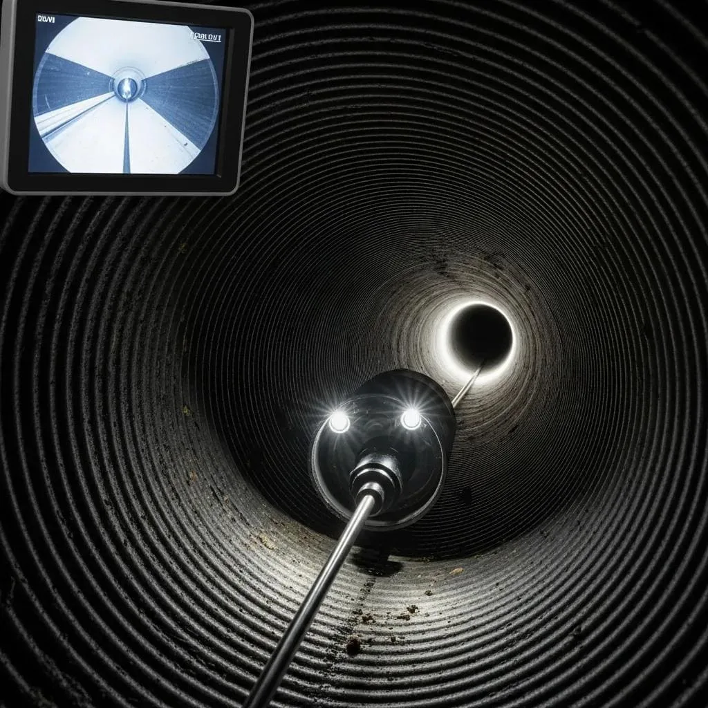 Prodigy Sewer and Drain uses a pipe camera system to check pipe interiors and show the inspection live on a monitor.