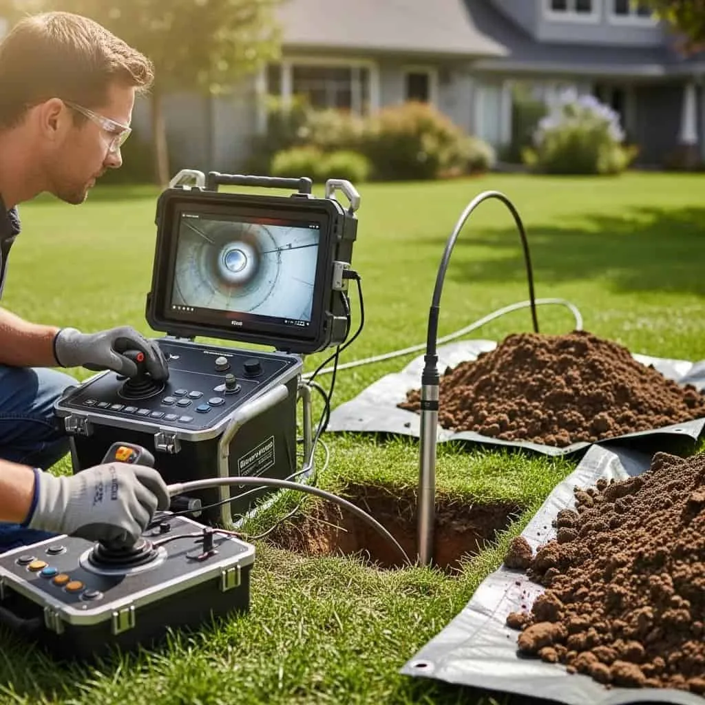 Prodigy Sewer and Drain technician checks pipes underground using a camera to help find and fix sewer line problems in a yard.