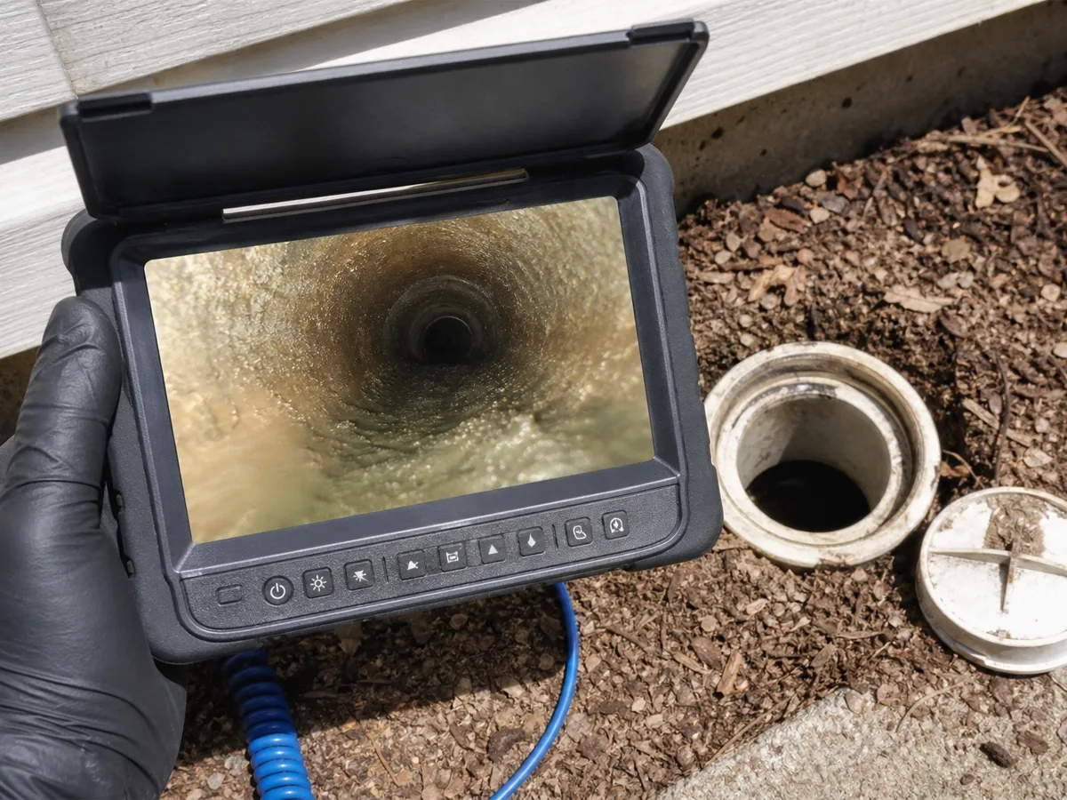 A gloved technician holding a sewer camera monitor beside an open exterior cleanout, the screen showing a clear view down the inside of the pipe.