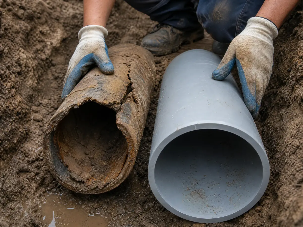 Gloved hands hold a cracked, corroded section of old sewer pipe beside a smooth new PVC replacement pipe, showing the difference between a line that can be repaired and one that has to be replaced.