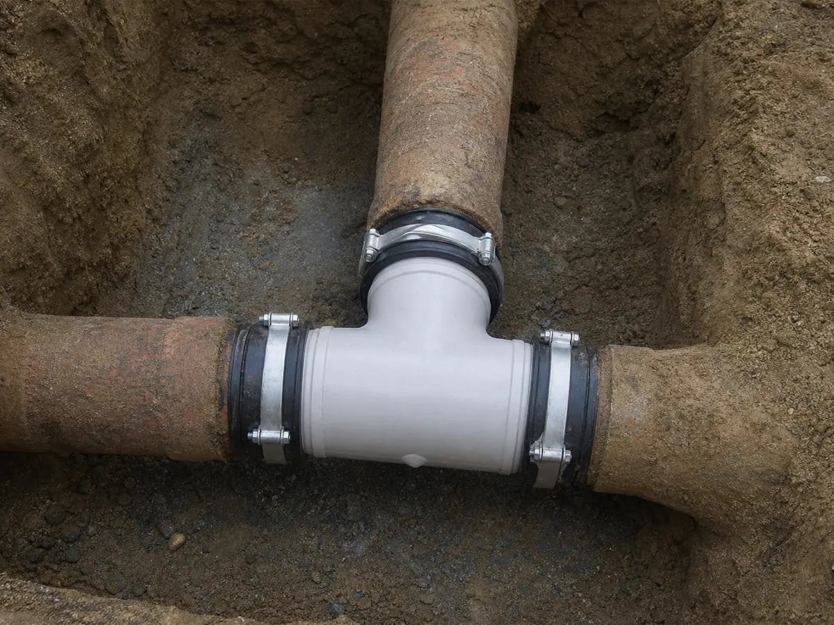 A new white PVC tee fitting joined by rubber couplings and stainless clamps to three corroded cast iron pipe stubs in an open trench, the tie-in connection where a branch drain meets the main line.