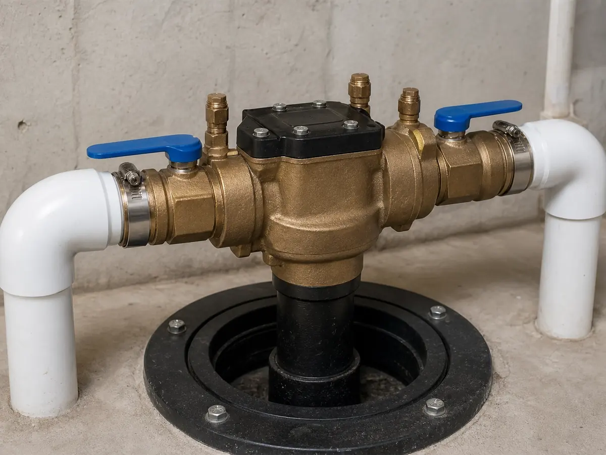 A brass backflow preventer assembly with blue shutoff handles and test ports, installed on the line where it enters a basement floor to stop sewage flowing back into the home.