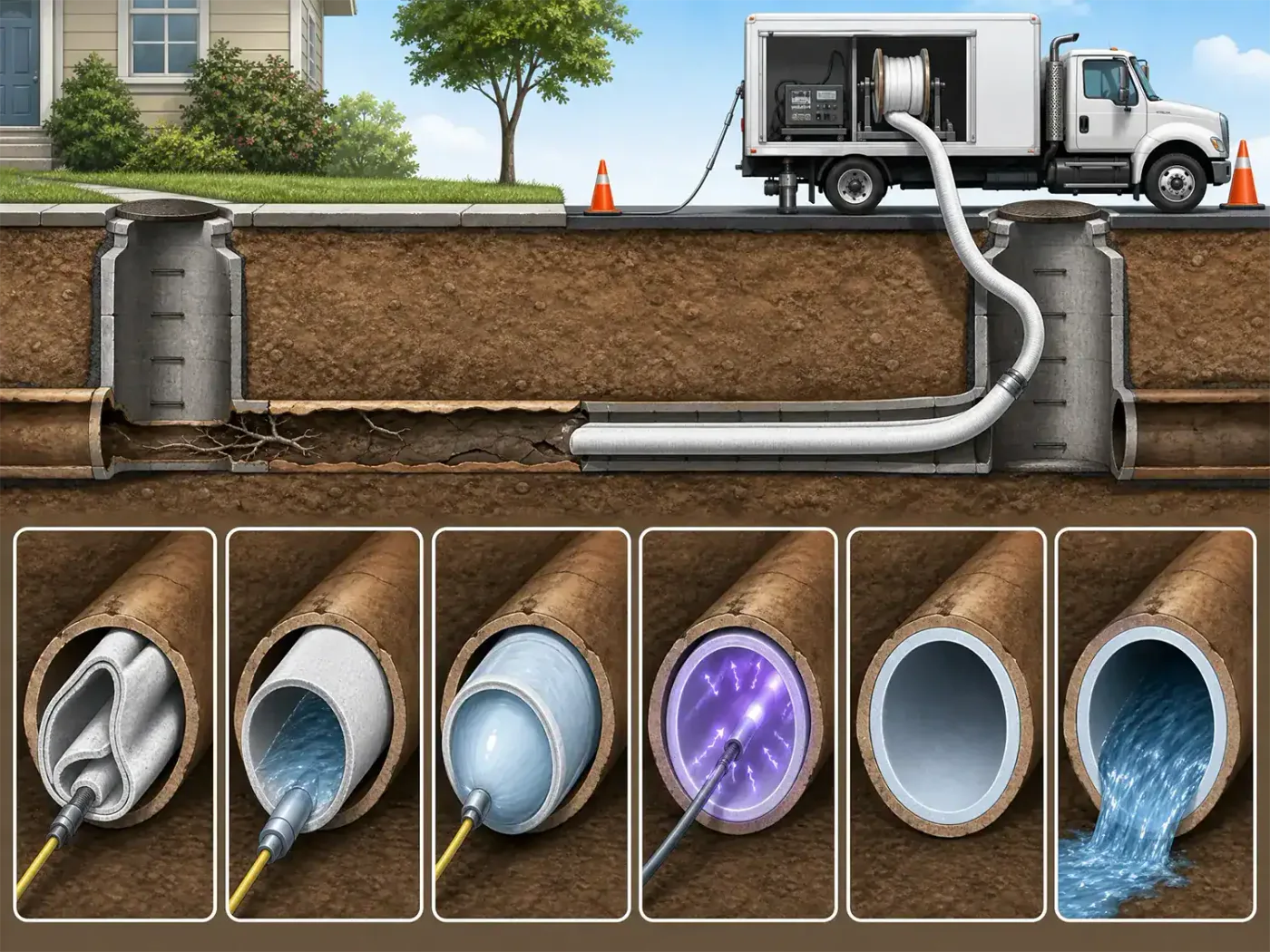 Prodigy Sewer and Drain uses trenchless repair to fix cracked pipes, sealing them smoothly without digging up the ground.