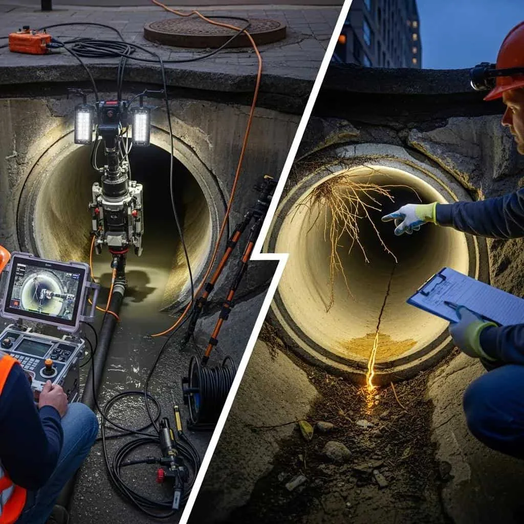 Prodigy Sewer and Drain workers inspect pipes for damage, showing the use of cameras and checking for root problems.