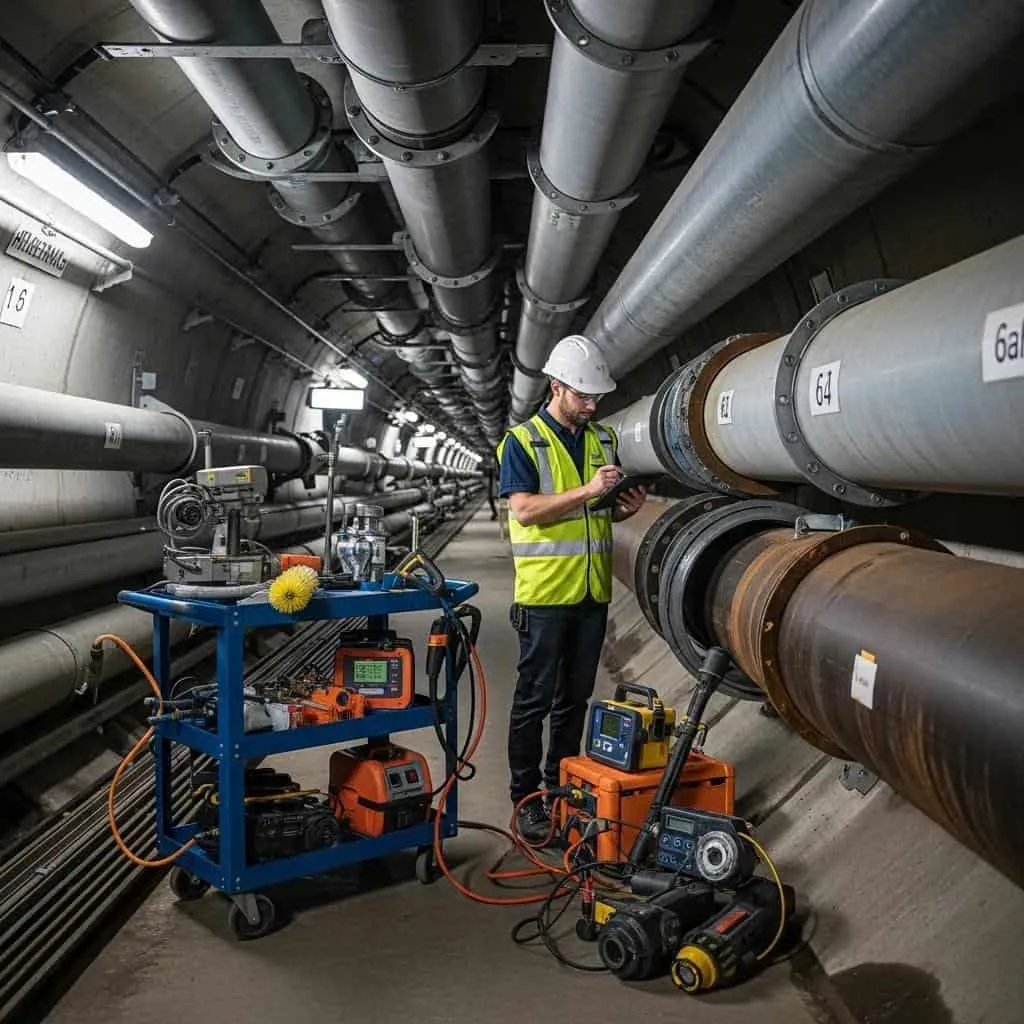 A Prodigy Sewer and Drain worker checks pipes in a tunnel using equipment to make sure everything is working safely.