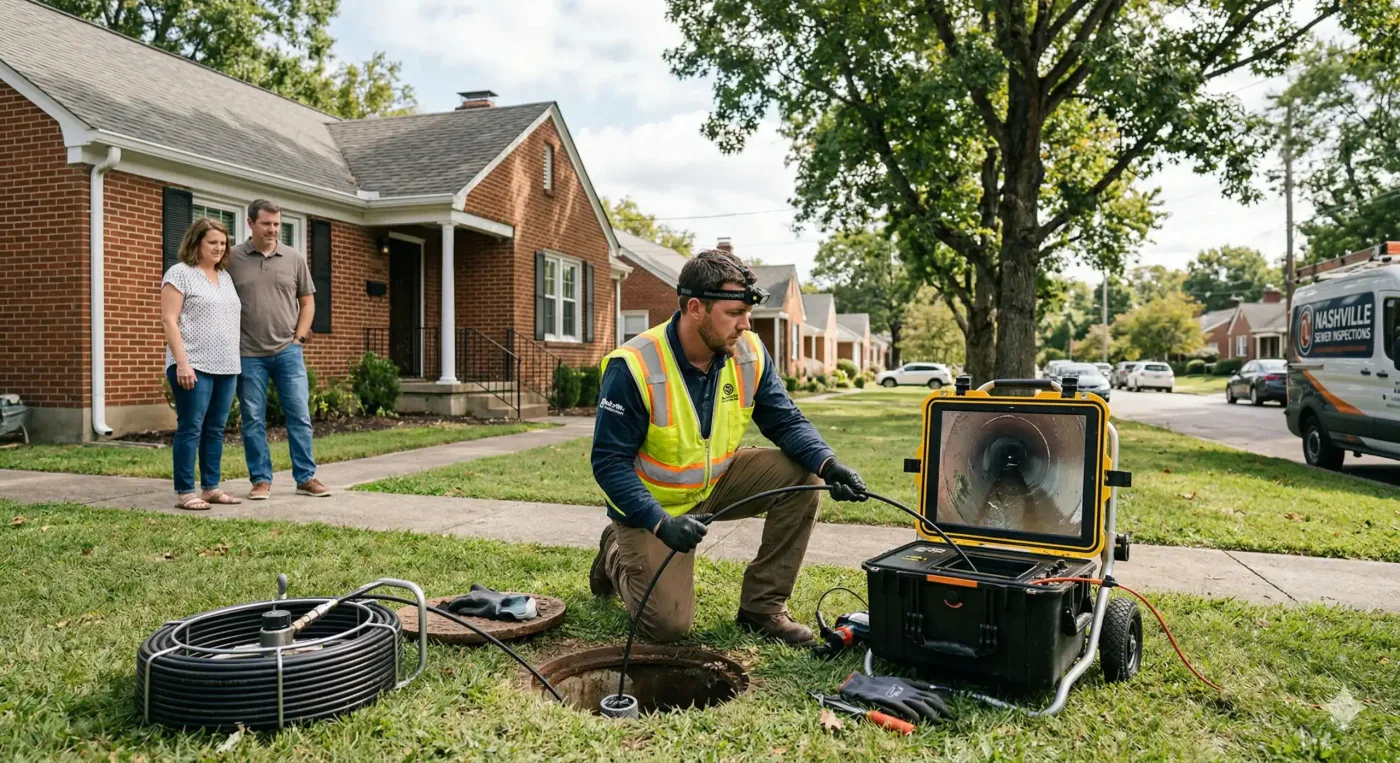 Prodigy Sewer and Drain checks a sewer line for problems while two people watch from the sidewalk in a neighborhood.