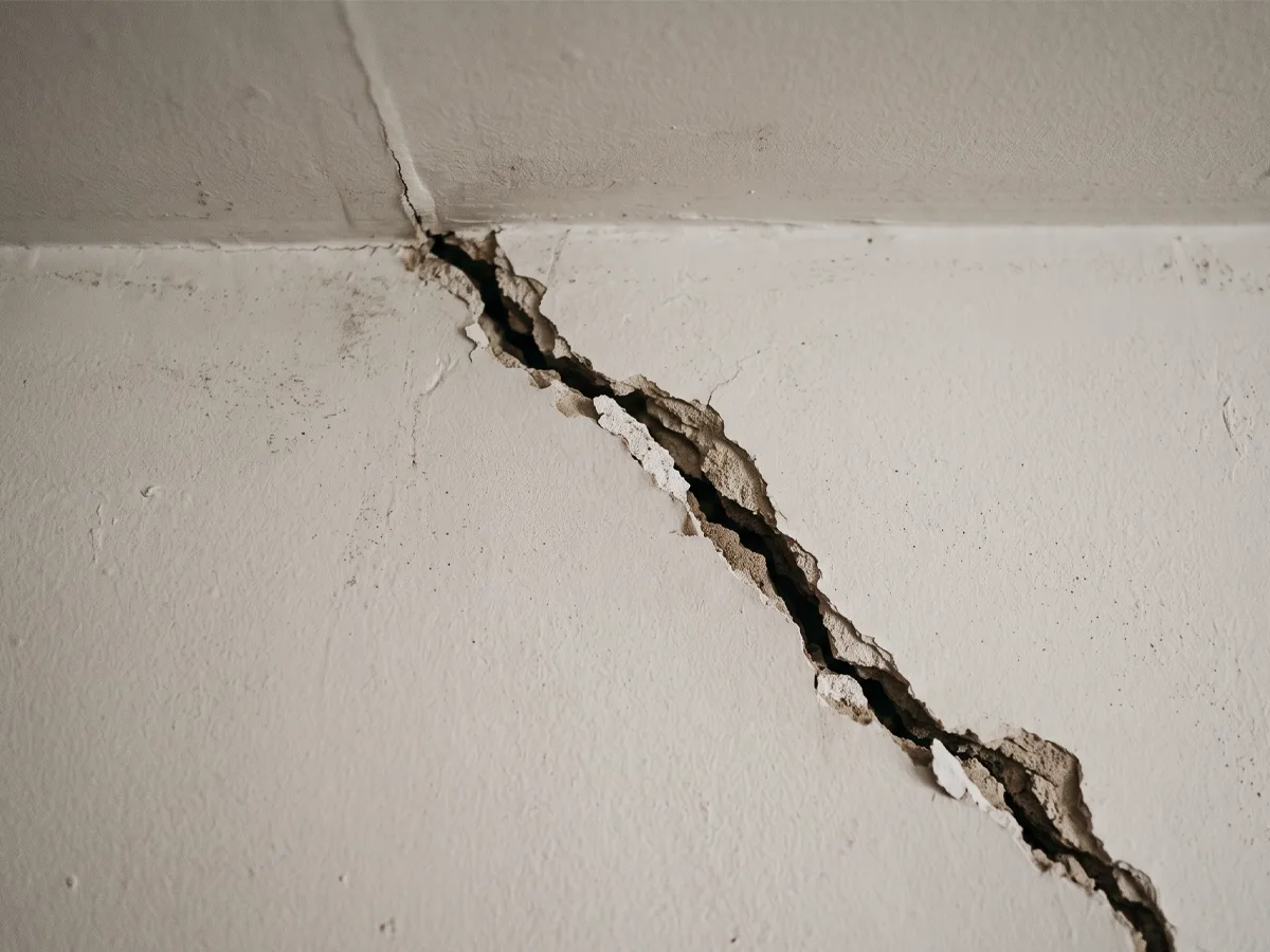 A jagged crack running down an interior wall from the ceiling corner, the kind of movement an underground leak can cause by changing the moisture in the soil beneath a foundation.