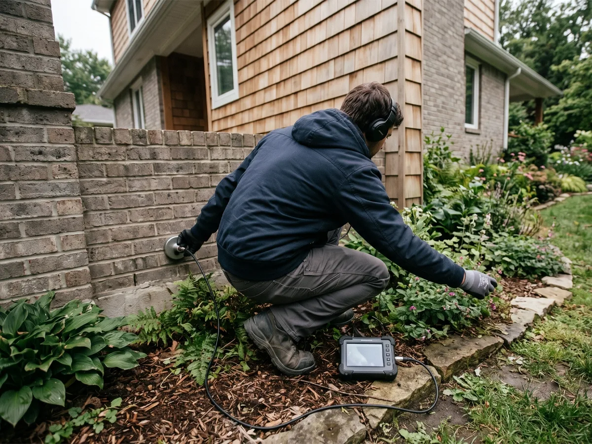 A technician wearing headphones and holding an acoustic listening probe against a home's foundation wall, with the detection unit on the ground beside him.