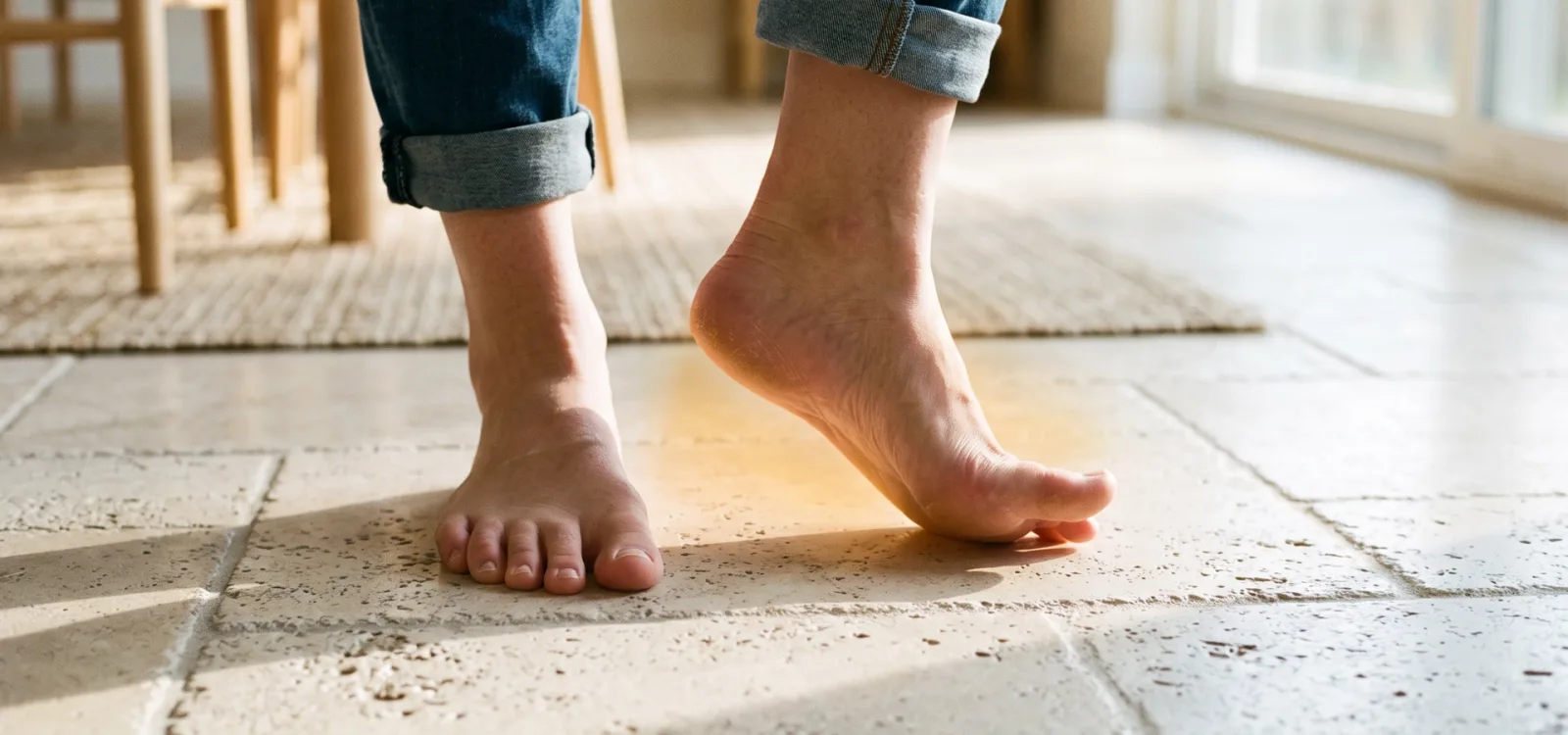 Bare feet standing on a tiled floor with a warm patch glowing beneath one foot, the telltale sign of a hot water line leaking under the slab.