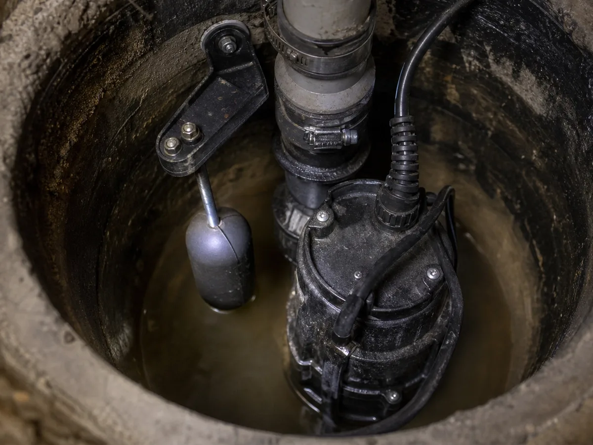 Looking down into a sump pit at the pump, its tethered float switch on a pivoting arm, and the discharge pipe rising out of the basin.