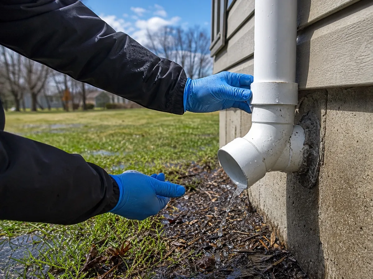 A technician in gloves inspecting the exterior discharge line outlet on the side of a house, water trickling out onto wet ground.