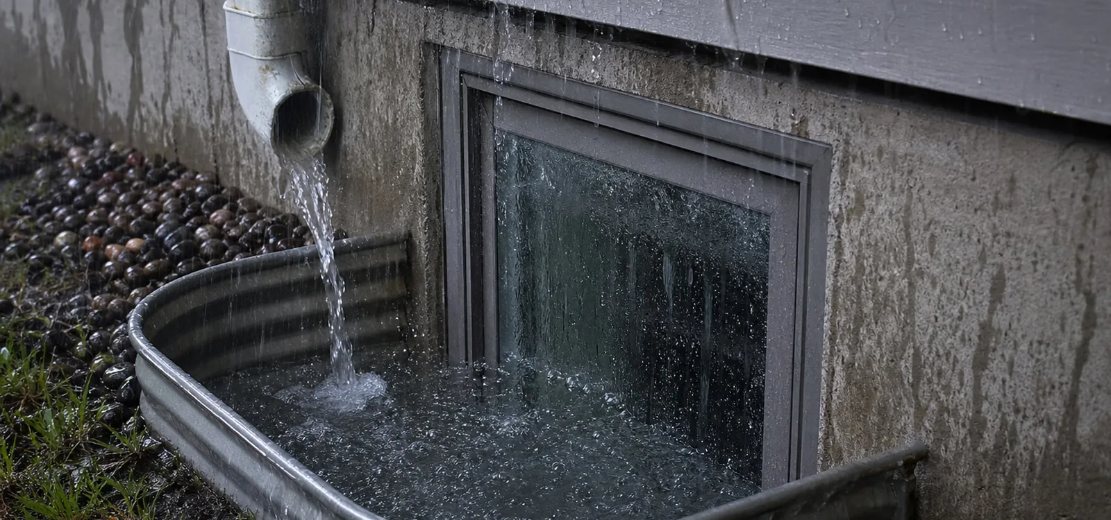 A basement window well filling with water during heavy rain, with a downspout emptying directly into it and water sheeting down the foundation wall.