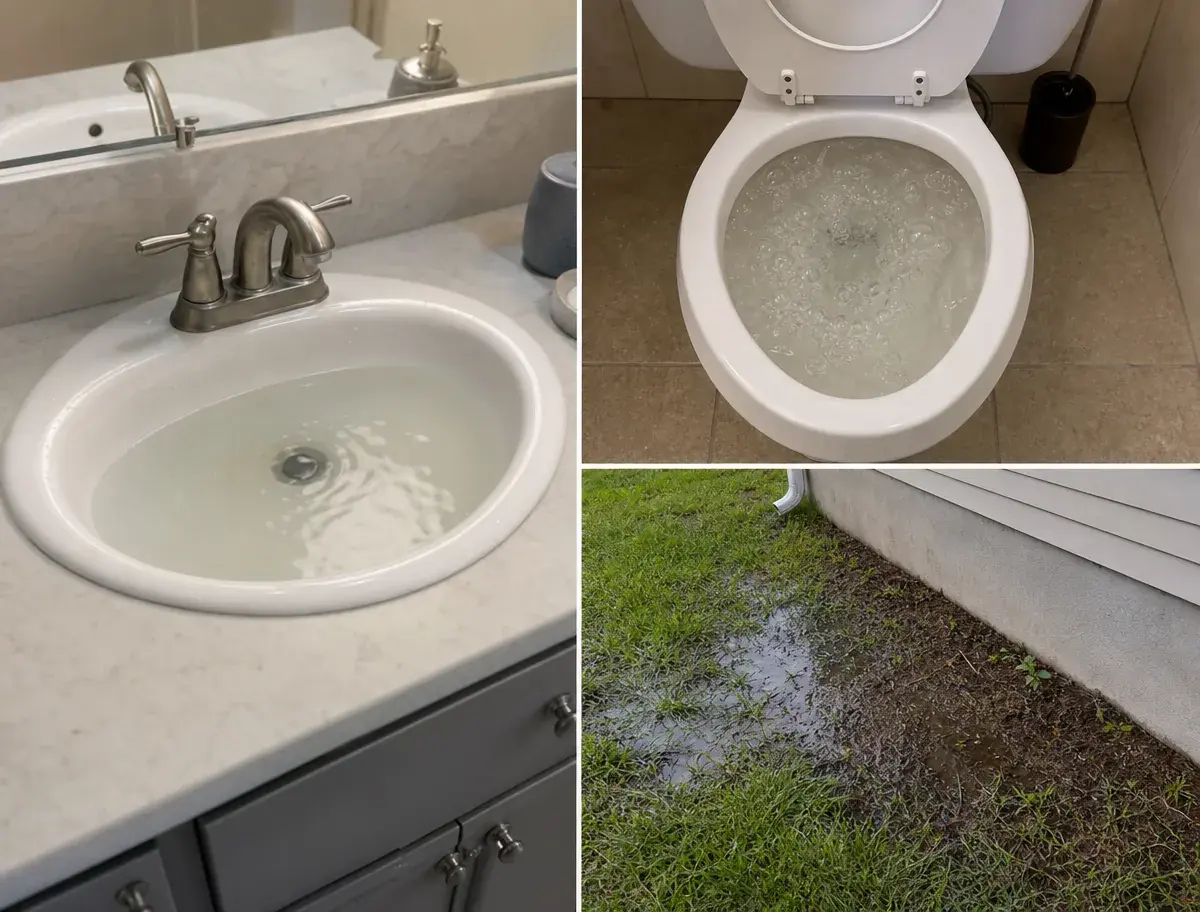 Three everyday warning signs side by side: standing water in a bathroom sink, murky water bubbling up in a toilet bowl, and a soggy patch of lawn beside a home foundation.