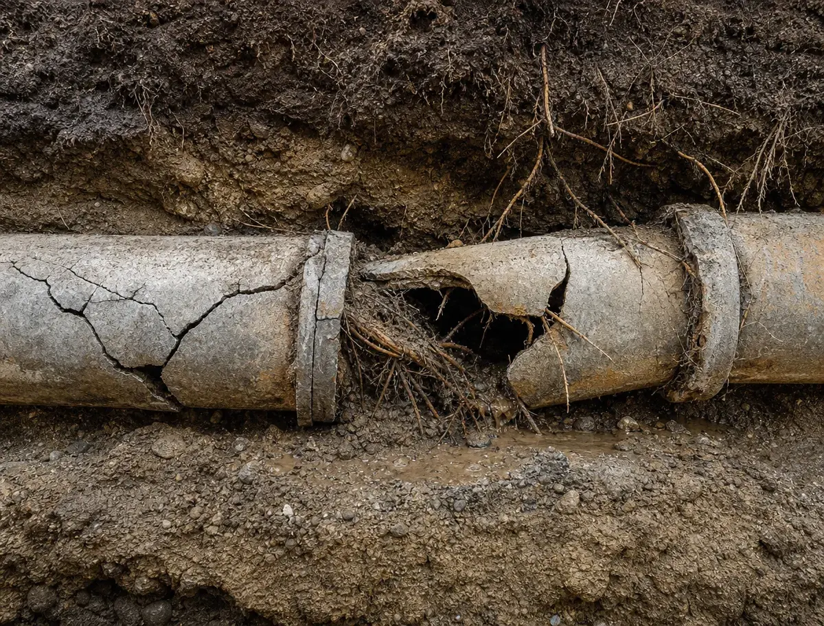 A cracked sewer pipe split open at the joint with tree roots forcing their way through the break, surrounded by excavated soil.