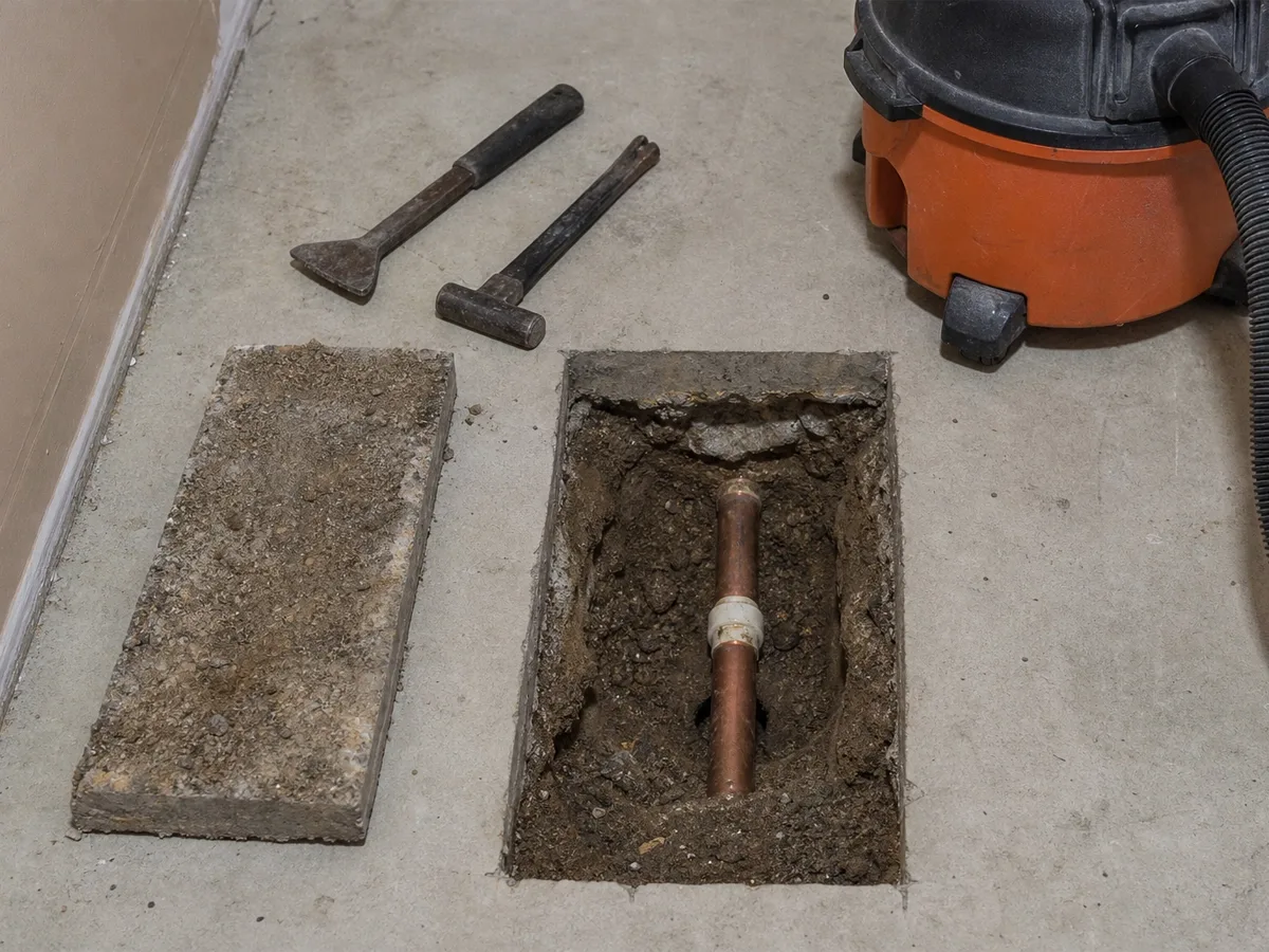 A rectangular section cut out of a concrete slab to expose a copper water line below, with the removed slab piece, a hammer and chisel, and a shop vacuum beside the opening.
