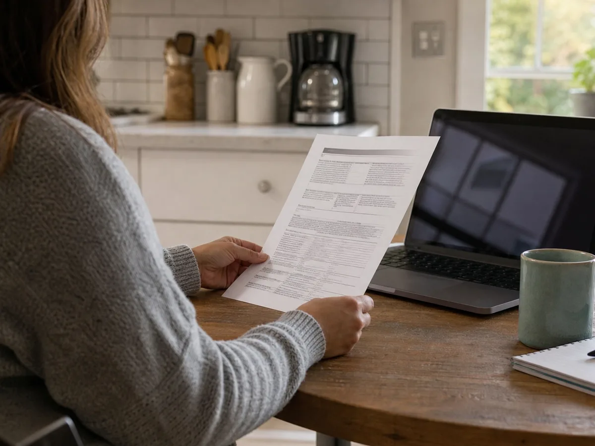 A homeowner at a kitchen table reading through a printed insurance policy document, with a laptop and notepad beside her.