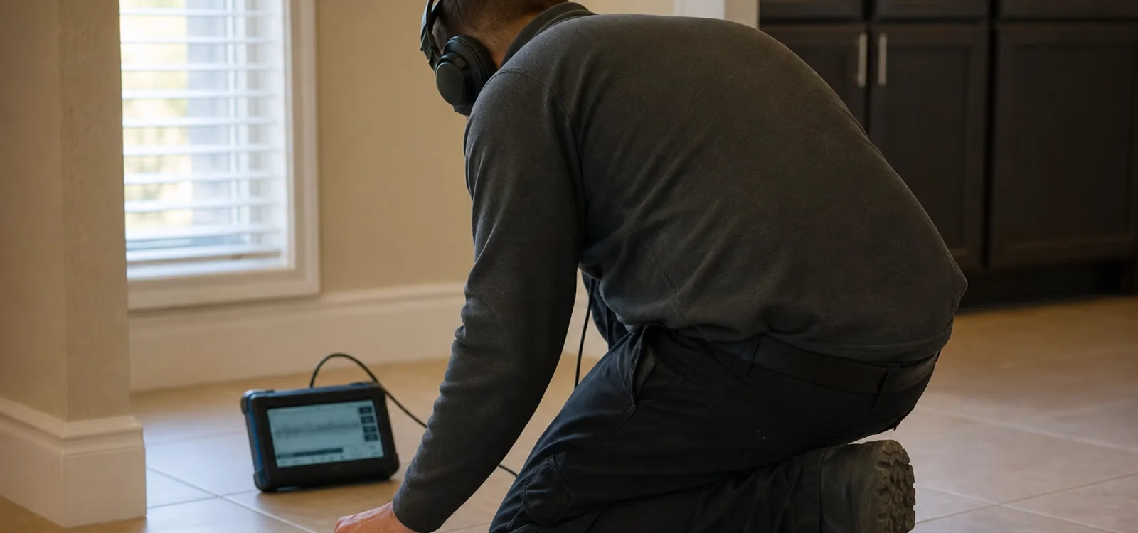 A technician kneeling on a tiled floor inside a home, wearing headphones and resting a hand on the tile beside an acoustic detection unit, listening for a leak under the slab.