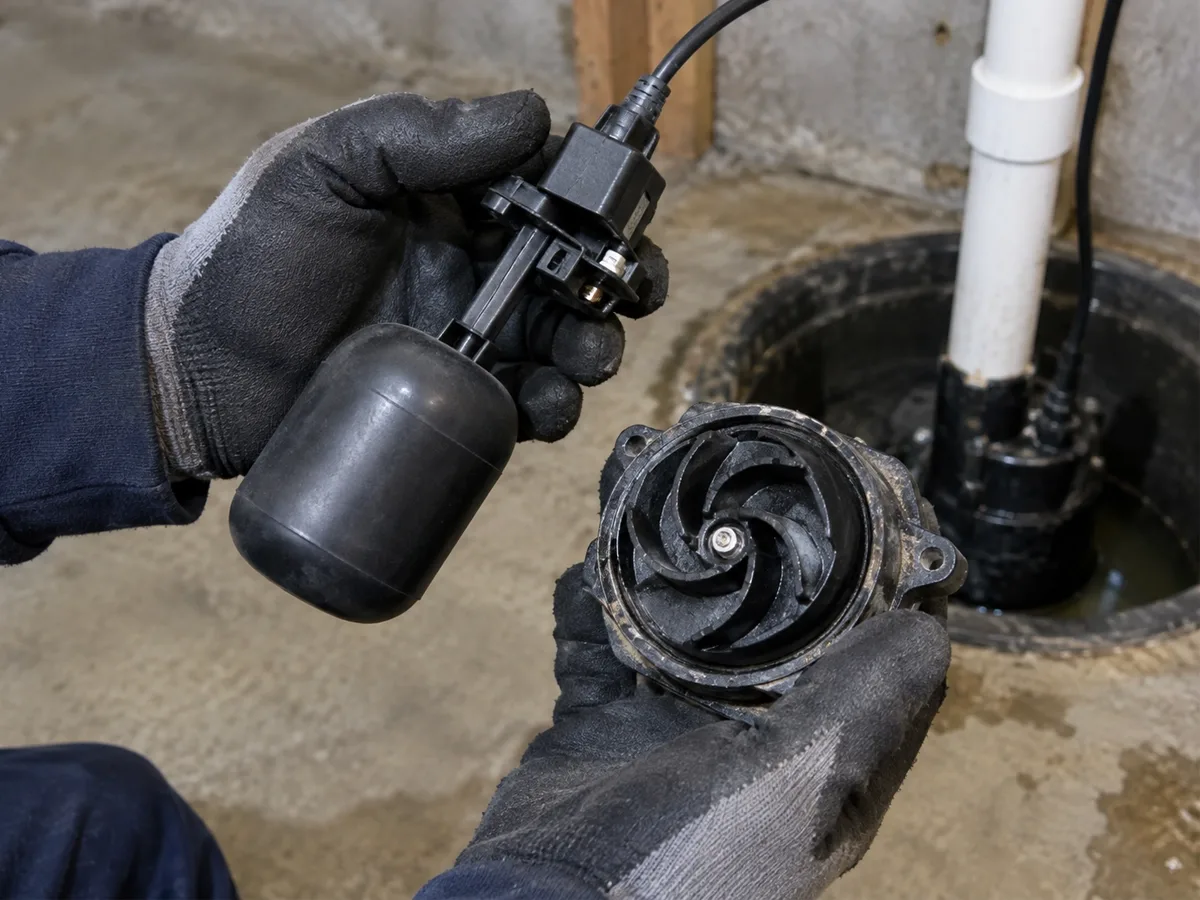 A technician in work gloves holding a sump pump float switch in one hand and a disassembled impeller housing in the other, above an open sump pit.