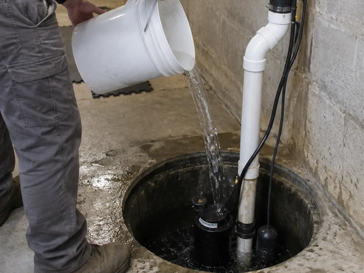 A technician pouring a bucket of water into an open sump pit in a basement to test that the float switch triggers the pump under simulated flow.