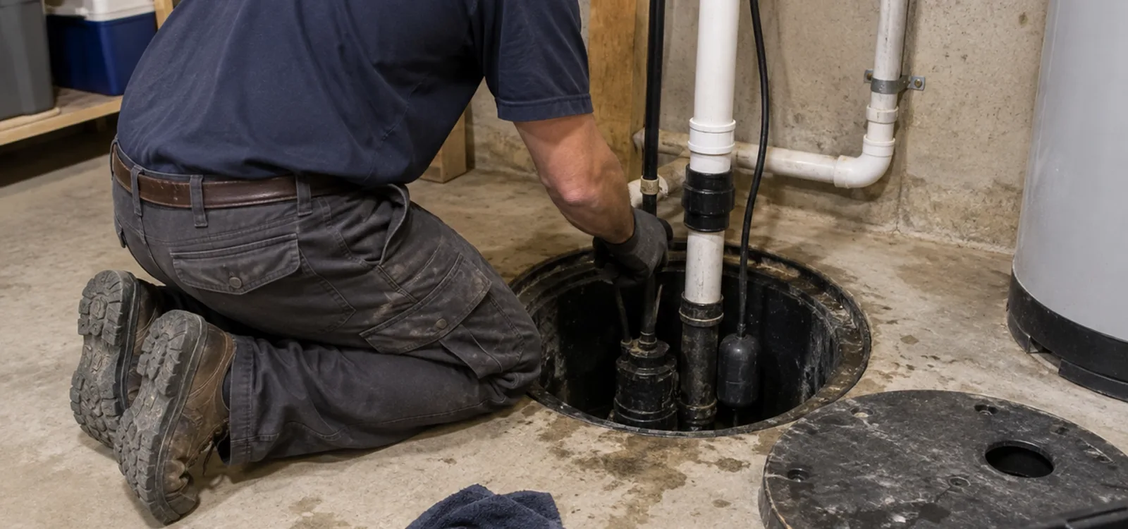 A technician kneeling on a basement floor beside an open sump pit, reaching in to work on the pump, with the pit lid set aside and a water heater behind him.