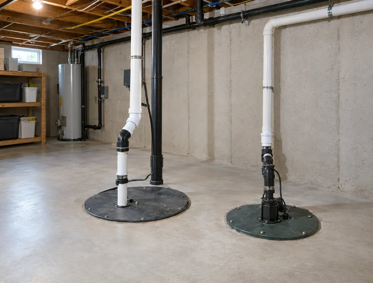 Two pump basins set into the same basement floor: an open sump pit on the left and a sealed ejector basin on the right, each with its own discharge pipe running up to the joists.