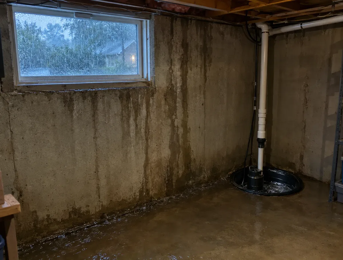 An unfinished basement with water pooling on the floor and staining up the foundation wall, heavy rain visible through the window well, and a sump pit in the corner.