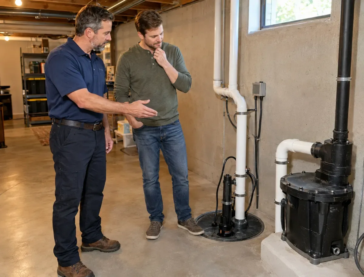 A technician gesturing toward a basement sump pit while explaining the options to a homeowner, with a sealed ejector basin and its discharge piping beside them.