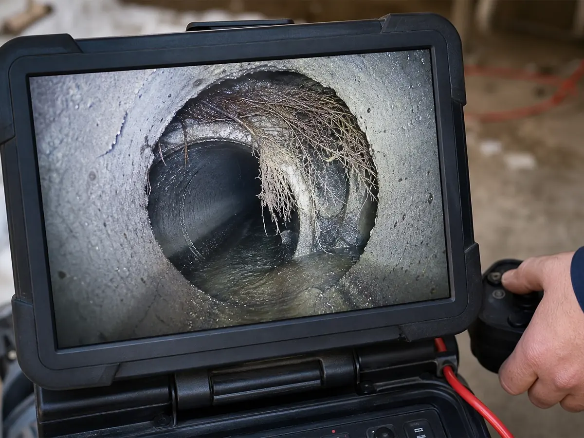A sewer camera monitor showing the inside of a pipe where a dense mass of fine tree roots has grown in through a joint, restricting the flow.